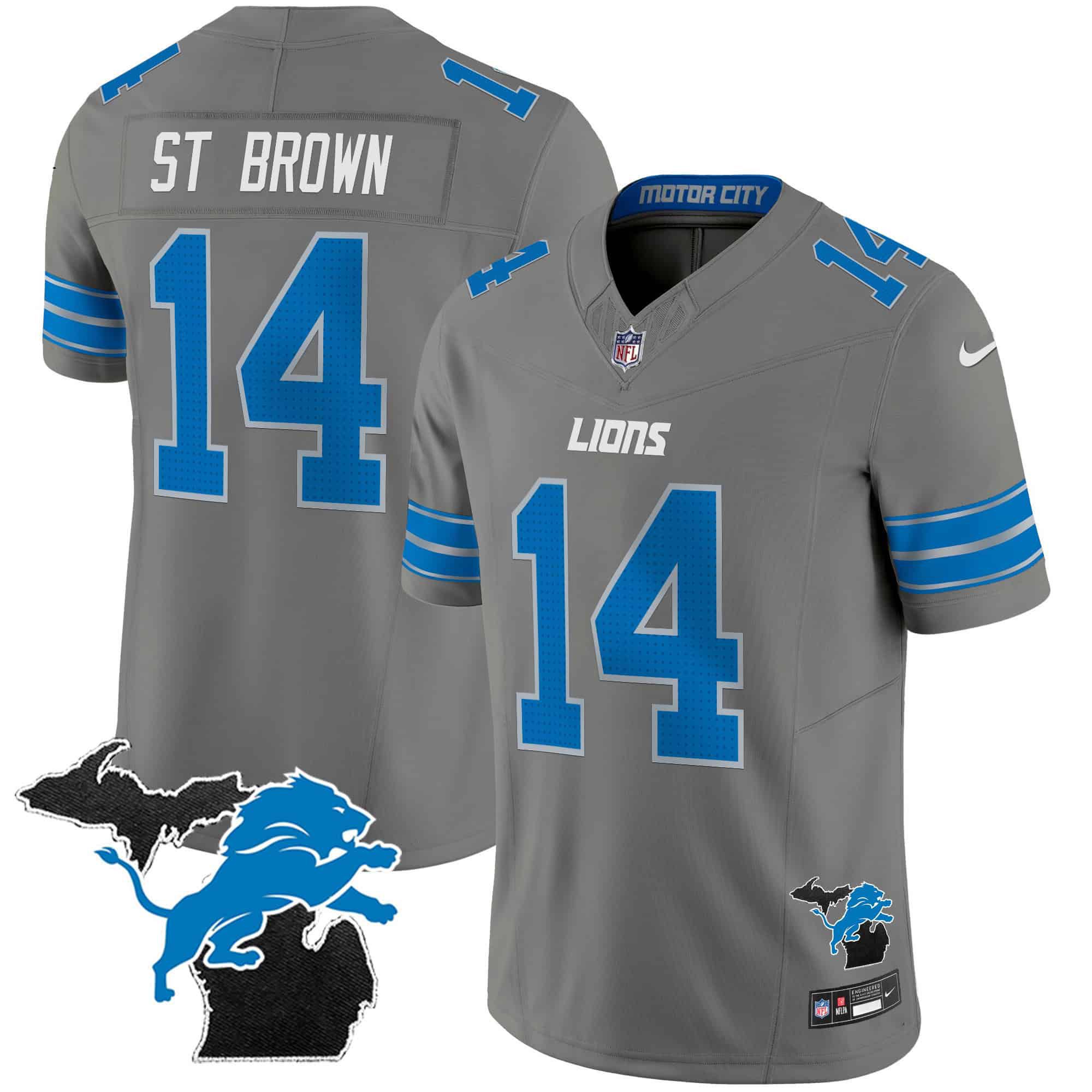 Men Detroit Lions #14 ST Brown Grey 2024 Nike Michigan Patch Vapor Limited NFL Jersey